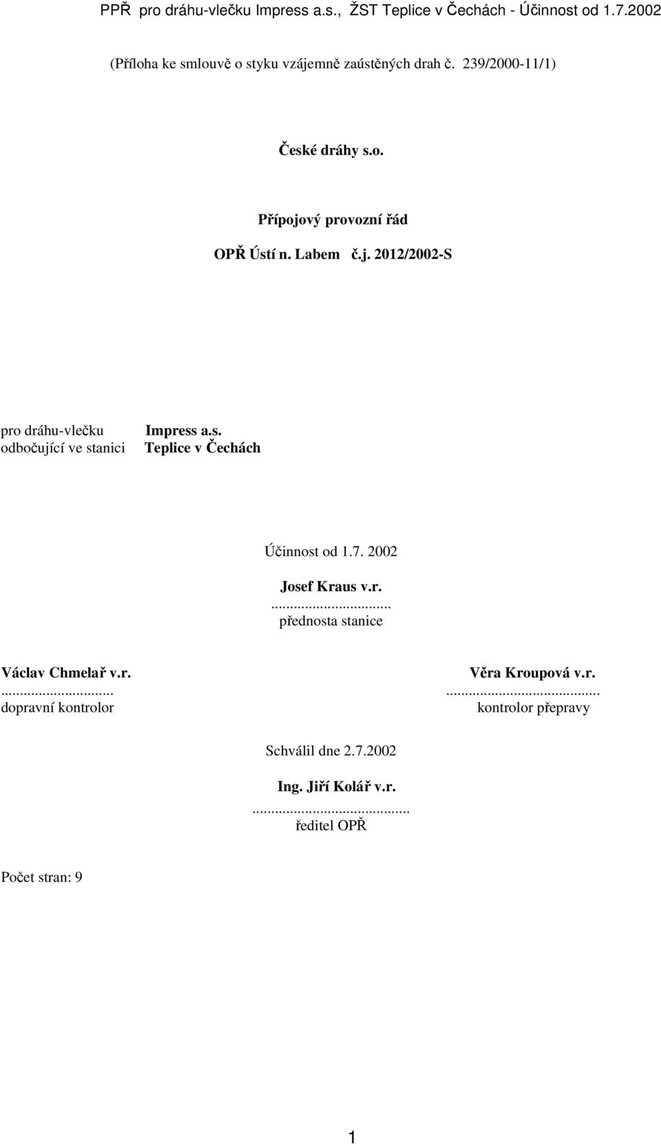 2002 Josef Kraus v.r.... přednosta stanice Václav Chmelař v.r. Věra Kroupová v.r....... dopravní kontrolor kontrolor přepravy Schválil dne 2.