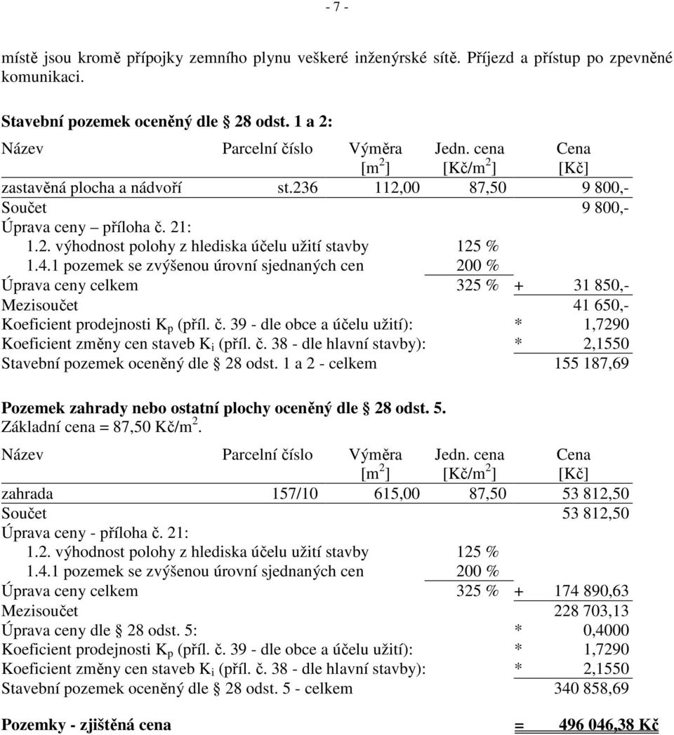 1 pozemek se zvýšenou úrovní sjednaných cen 200 % Úprava ceny celkem 325 % + 31 850,- Mezisoučet 41 650,- Koeficient prodejnosti K p (příl. č.