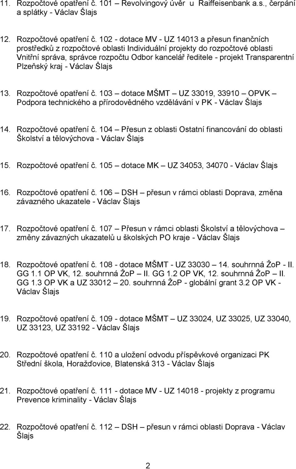 102 - dotace MV - UZ 14013 a přesun finančních prostředků z rozpočtové oblasti Individuální projekty do rozpočtové oblasti Vnitřní správa, správce rozpočtu Odbor kancelář ředitele - projekt