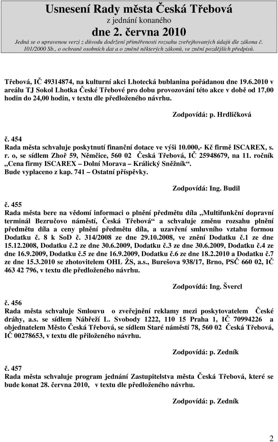 454 Rada města schvaluje poskytnutí finanční dotace ve výši 10.000,- Kč firmě ISCAREX, s. r. o, se sídlem Zhoř 59, Němčice, 560 02 Česká Třebová, IČ 25948679, na 11.