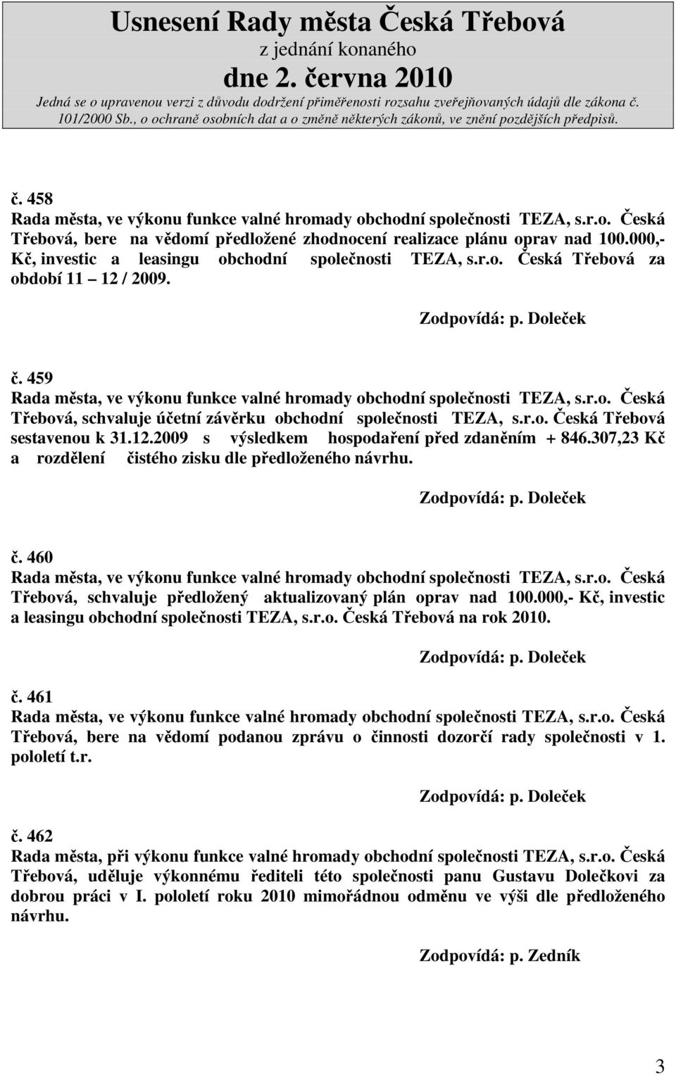307,23 Kč a rozdělení čistého zisku dle předloženého návrhu. č. 460 Třebová, schvaluje předložený aktualizovaný plán oprav nad 100.000,- Kč, investic a leasingu obchodní společnosti TEZA, s.r.o. Česká Třebová na rok 2010.