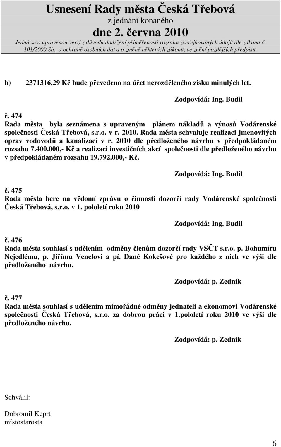 000,- Kč a realizaci investičních akcí společnosti dle předloženého návrhu v předpokládaném rozsahu 19.792.000,- Kč. č.