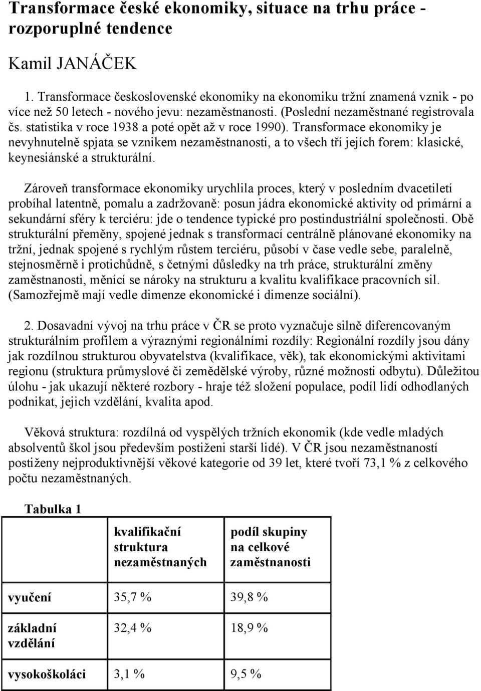 statistika v roce 1938 a poté opět až v roce 1990). Transformace ekonomiky je nevyhnutelně spjata se vznikem nezaměstnanosti, a to všech tří jejích forem: klasické, keynesiánské a strukturální.