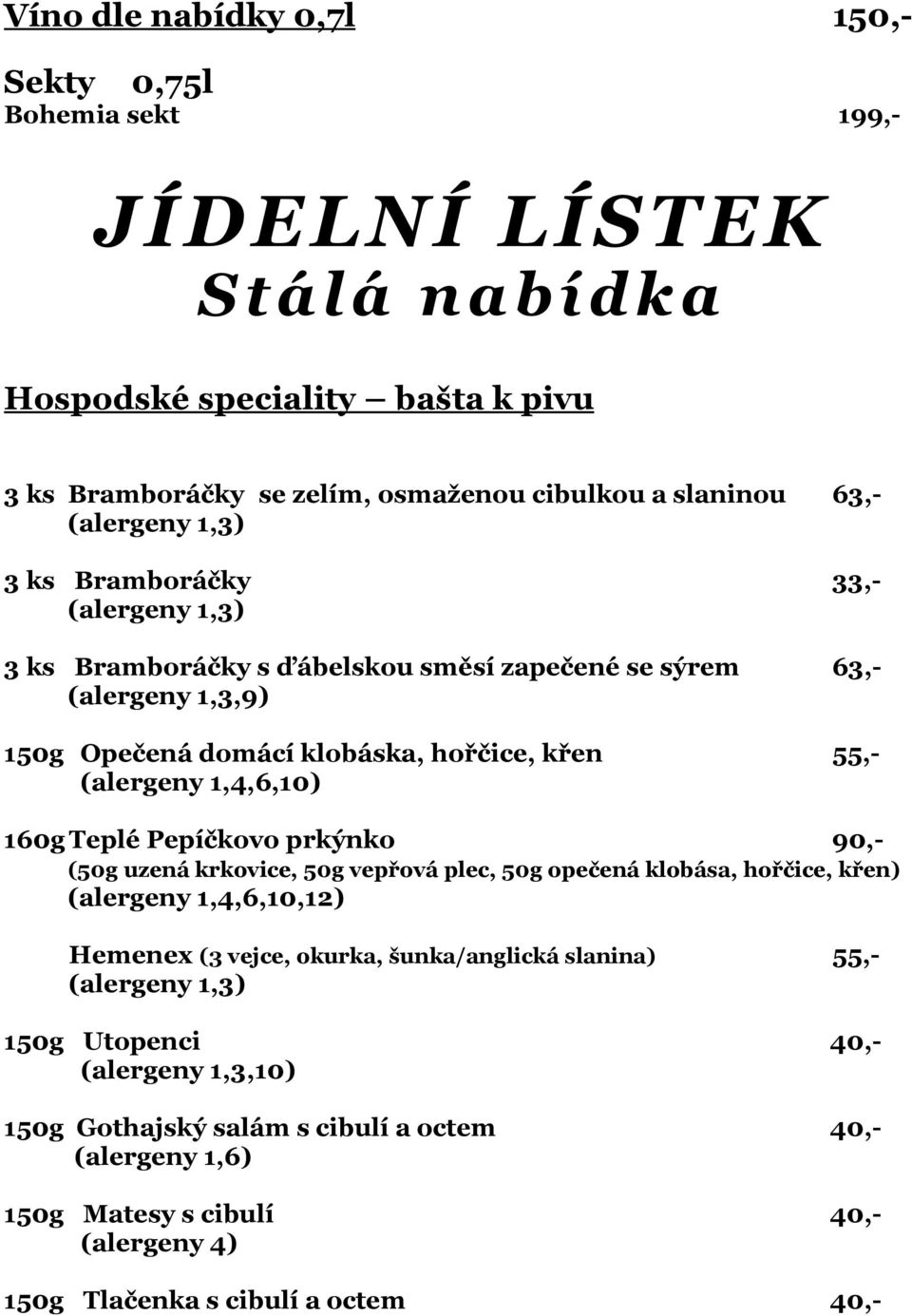 1,4,6,10) 160g Teplé Pepíčkovo prkýnko 90,- (50g uzená krkovice, 50g vepřová plec, 50g opečená klobása, hořčice, křen) (alergeny 1,4,6,10,12) Hemenex (3 vejce, okurka, šunka/anglická