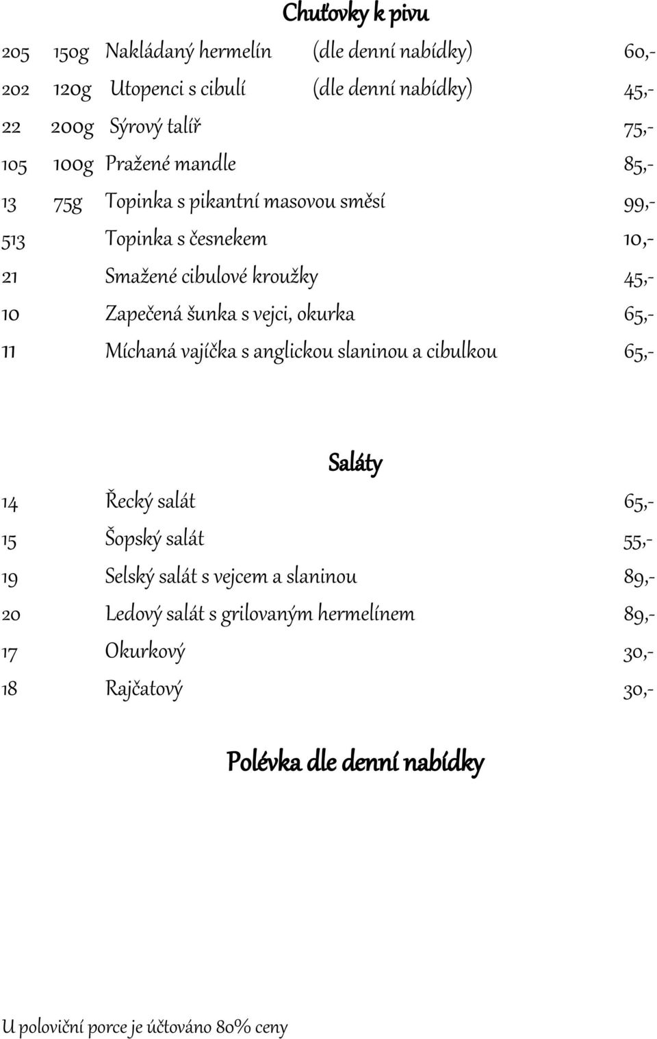 vejci, okurka 65,- 11 Míchaná vajíčka s anglickou slaninou a cibulkou 65,- Saláty 14 Řecký salát 65,- 15 Šopský salát 55,- 19 Selský salát s vejcem a