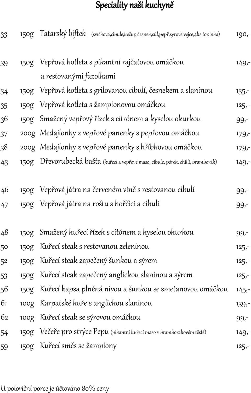 200g Medajlonky z vepřové panenky s pepřovou omáčkou 179,- 38 200g Medajlonky z vepřové panenky s hříbkovou omáčkou 179,- 43 150g Dřevorubecká bašta (kuřecí a vepřové maso, cibule, pórek, chilli,