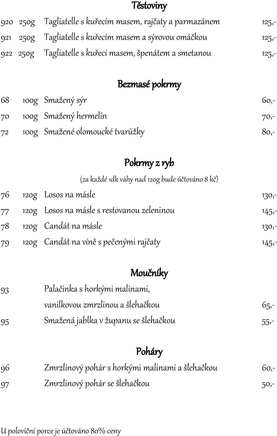 130,- 77 120g Losos na másle s restovanou zeleninou 145,- 78 120g Candát na másle 130,- 79 120g Candát na víně s pečenými rajčaty 145,- Moučníky 93 Palačinka s horkými malinami, vanilkovou zmrzlinou