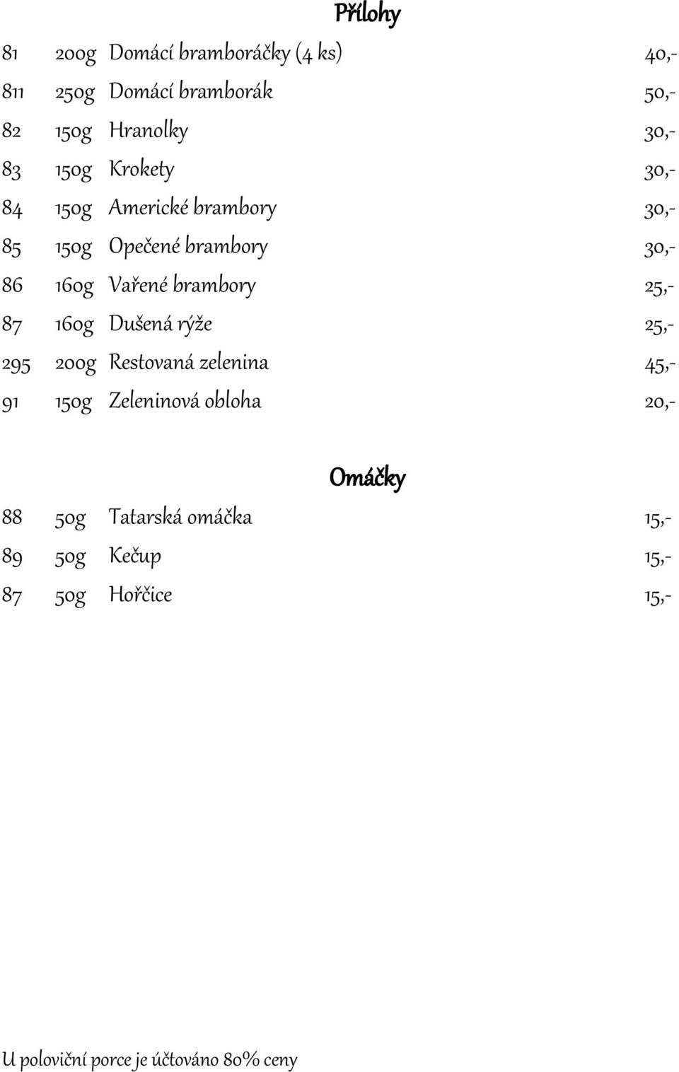 25,- 87 160g Dušená rýže 25,- 295 200g Restovaná zelenina 45,- 91 150g Zeleninová obloha 20,- Omáčky