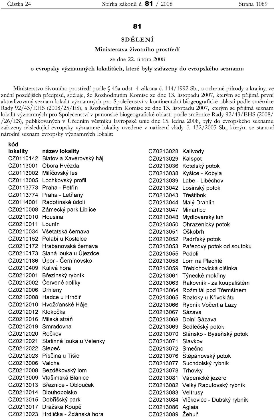 , o ochraně přírody a krajiny, ve znění pozdějších předpisů, sděluje, že Rozhodnutím Komise ze dne 13.