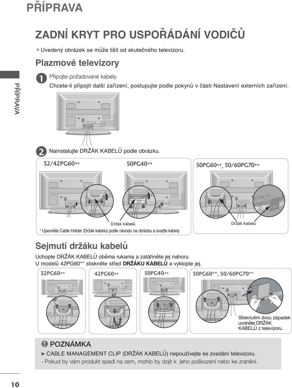 /4PG60** 50PG40** 50PG60**, 50/60PG70** Držák kabelů * Upevněte Cable Holder (Držák kabelu) podle návodu na obrázku a svažte kabely.