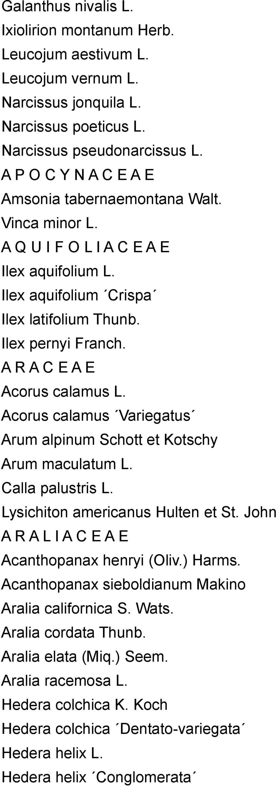 A R A C E A E Acorus calamus L. Acorus calamus Variegatus Arum alpinum Schott et Kotschy Arum maculatum L. Calla palustris L. Lysichiton americanus Hulten et St.