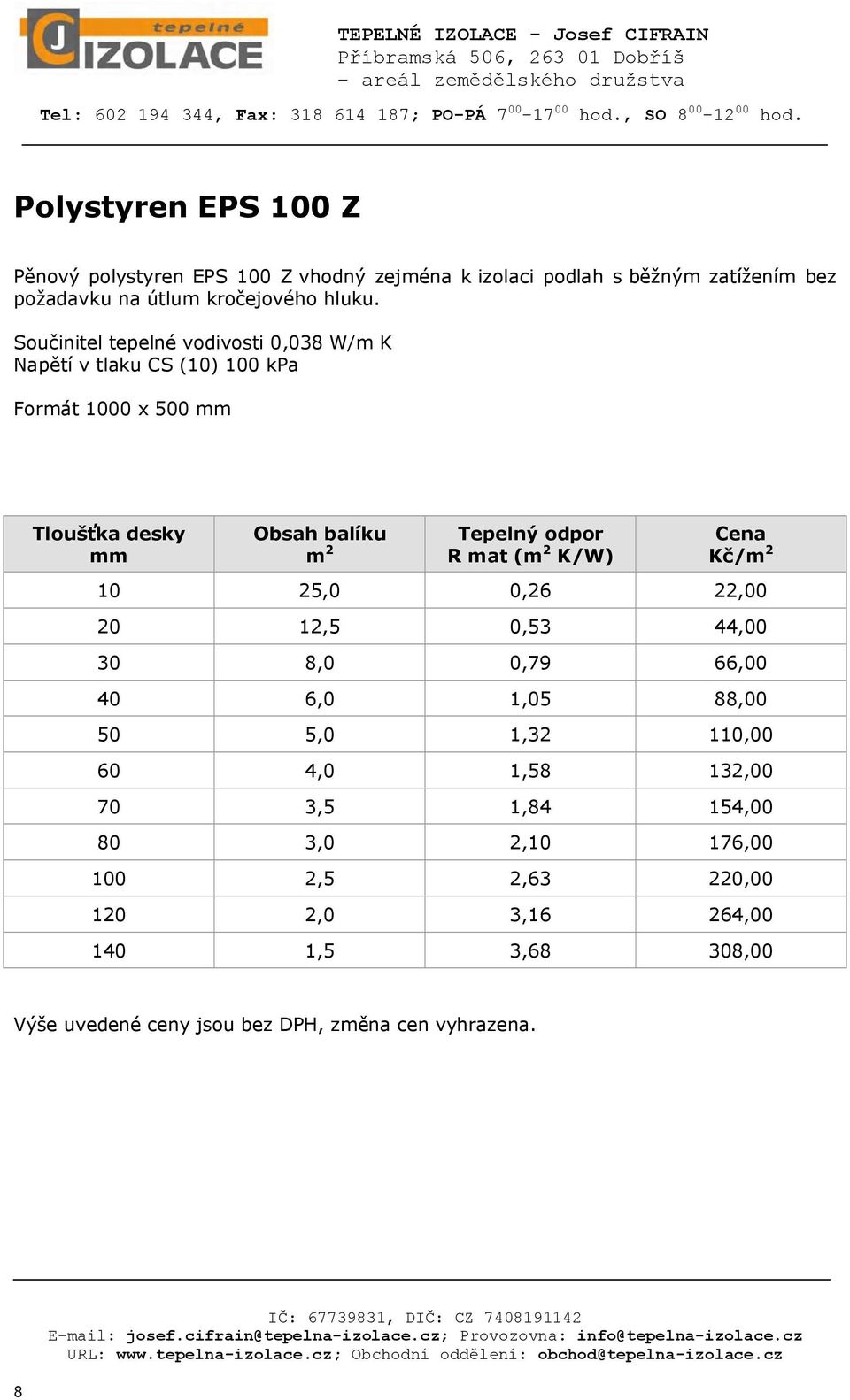 Součinitel tepelné vodivosti 0,038 W/m K Napětí v tlaku CS (10) 100 kpa Formát 1000 x 500 Tloušťka desky Obsah balíku m 2