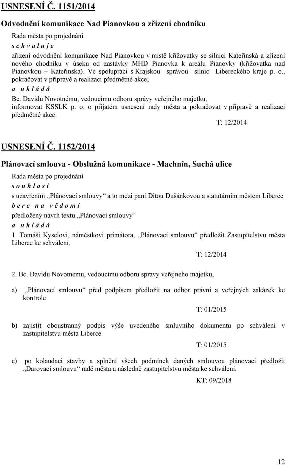 Pianovka k areálu Pianovky (křižovatka nad Pianovkou Kateřinská). Ve spolupráci s Krajskou správou silnic Libereckého kraje p. o., pokračovat v přípravě a realizaci předmětné akce; Bc.