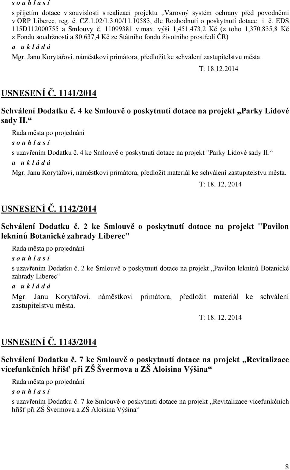 Janu Korytářovi, náměstkovi primátora, předložit ke schválení zastupitelstvu města. T: 18.12.2014 USNESENÍ Č. 1141/2014 Schválení Dodatku č.