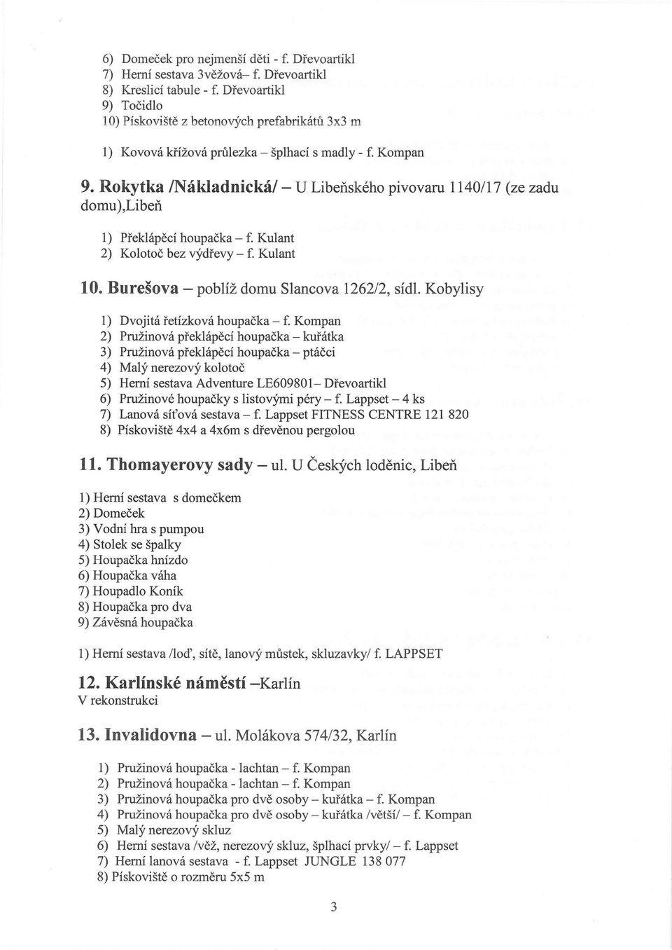 Rokytka INákladnickál - U Libeňského pivovaru 1140/17 (ze zadu domu),libeň 1) Překlápěcí houpačka - f. Kulant 2) Kolotoč bez výdřevy - f. Kulant 10. Burešova - poblíž domu Slancova 1262/2, sídl.