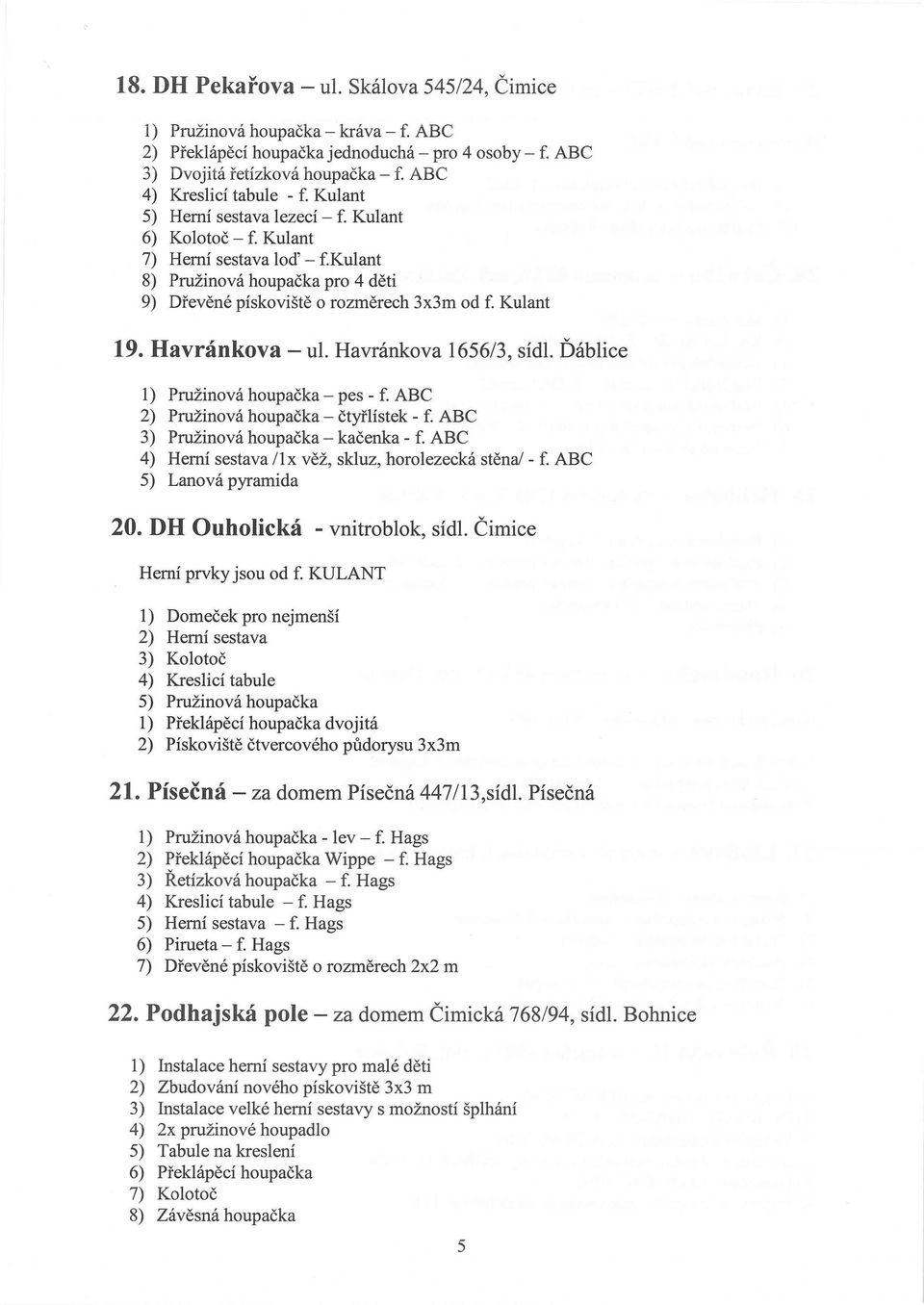 kulant 8) Pružinová houpačka pro 4 děti 9) Dřevěné pískoviště o rozměrech 3x3m od f. Kulant 19. Havránkova - ul. Havránkova 1656/3, sídl. Ďáblice 1) Pružinová houpačka - pes - f.