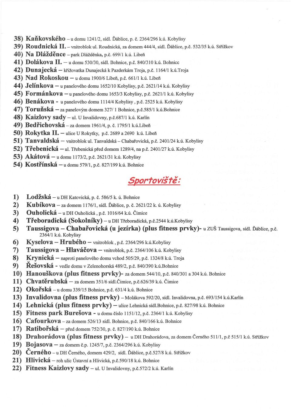 č. 661/1 k.ú. Libeň 44) Jelínkova - u panelového domu 1652/10 Kobylisy, p.č. 2621/14 k.ú. Kobylisy 45) Formánkova -u panelového domu 1653/3 Kobylisy, p.č. 2621/1 k.ú. Kobylisy 46) Benákova - u panelového domu 1114/4 Kobylisy, p.