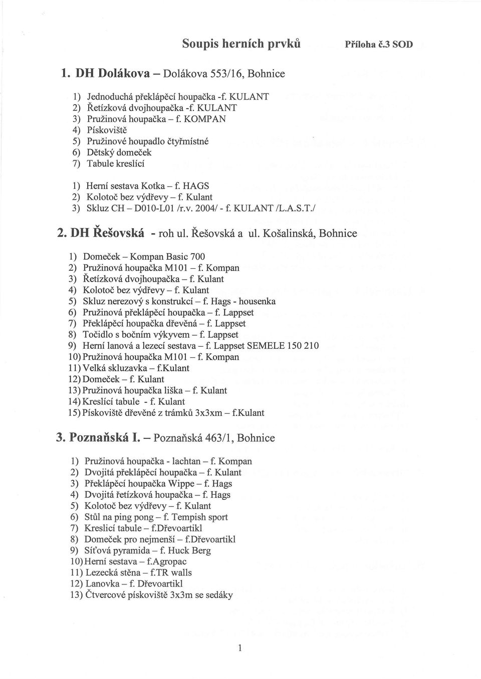 KULANT IL.A.S.T./ v v 2. DH Rešovská - roh ul. Rešovská a ul. Košalinská, Bohnice 1) Domeček - Kompan Basic 700 2) Pružinová houpačka MI0l - f. Kompan 3) Řetízková dvojhoupačka - f.