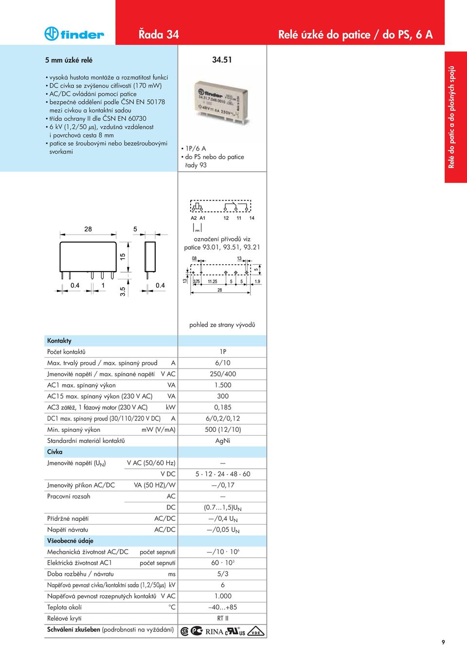 II dle ČSN EN 60730 6 kv (1,2/50 μs), vzdušná vzdálenost i povrchová cesta 8 mm patice se šroubovými nebo bezešroubovými svorkami 1P/6 A do PS nebo do patice ady 93 Relé do patic a do plošných spoj