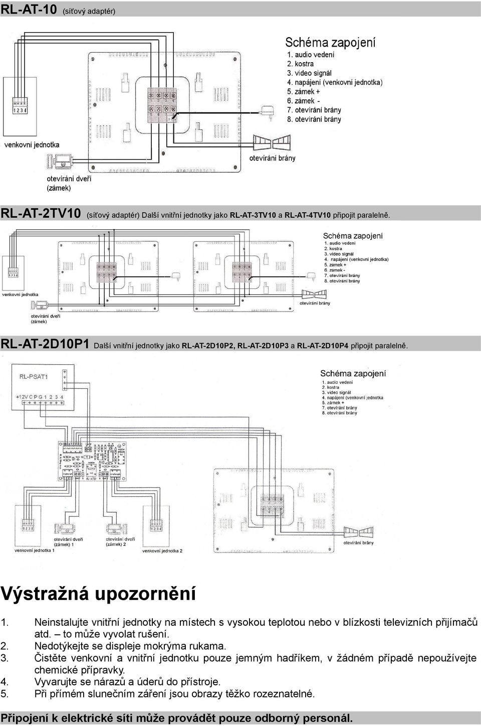 Neinstalujte vnitřní jednotky na místech s vysokou teplotou nebo v blízkosti televizních přijímačů atd. to může vyvolat rušení. Nedotýkejte se displeje mokrýma rukama.