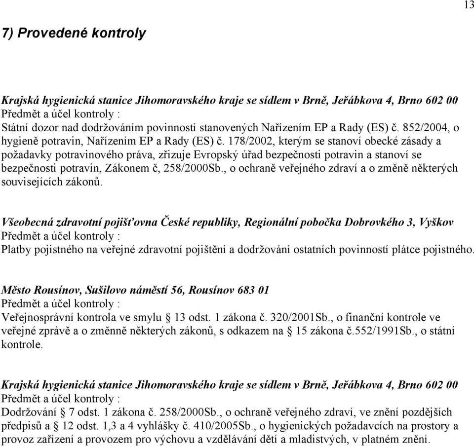 178/2002, kterým se stanoví obecké zásady a požadavky potravinového práva, zřizuje Evropský úřad bezpečnosti potravin a stanoví se bezpečnosti potravin, Zákonem č, 258/2000Sb.