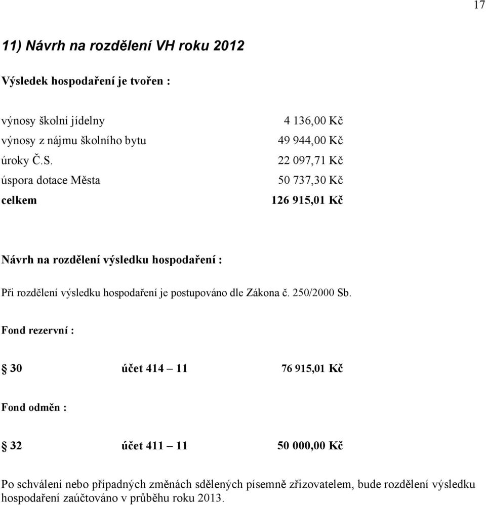 rozdělení výsledku hospodaření je postupováno dle Zákona č. 250/2000 Sb.