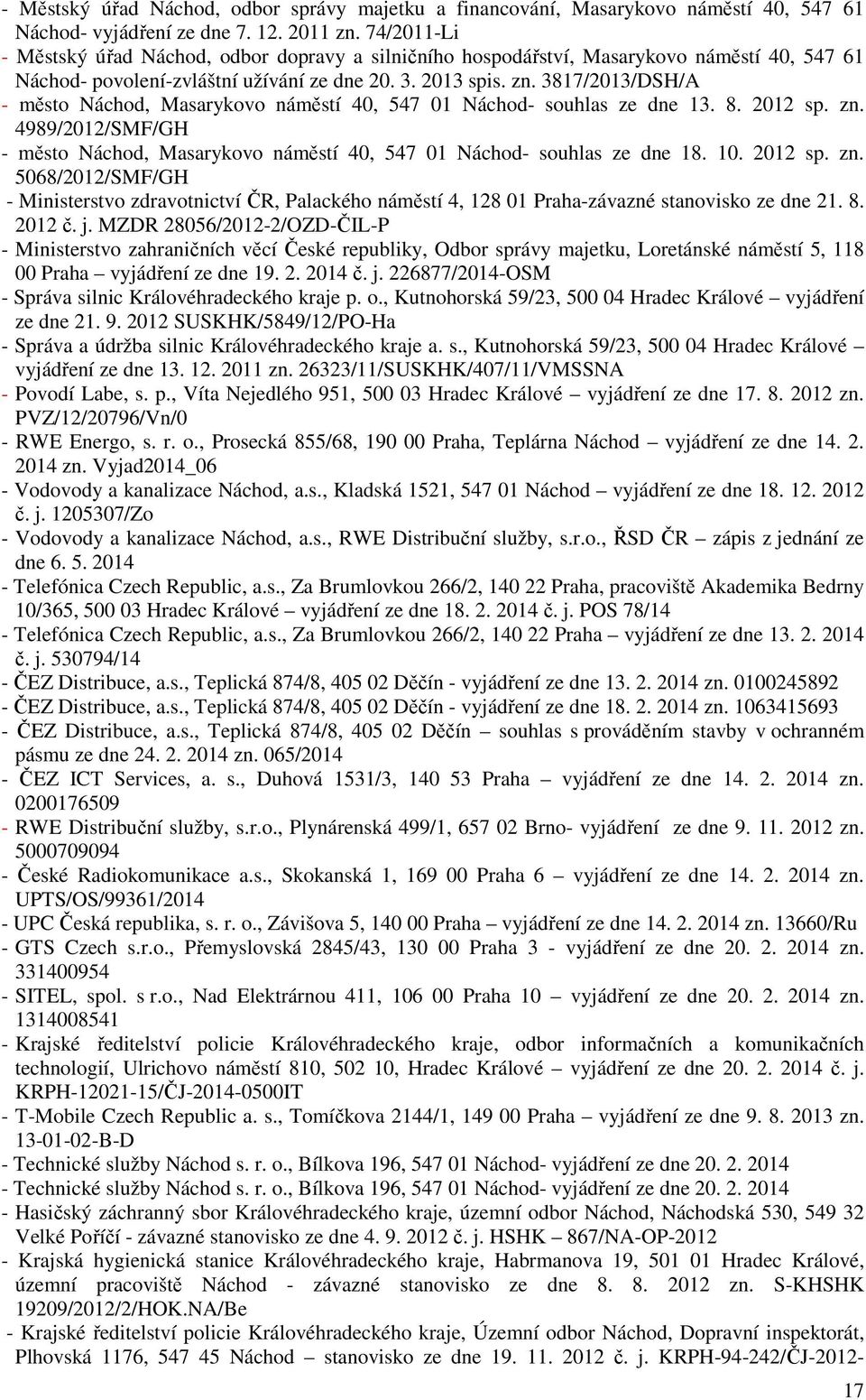 3817/2013/DSH/A - měst Náchd, Masarykv náměstí 40, 547 01 Náchd- suhlas ze dne 13. 8. 2012 sp. zn.