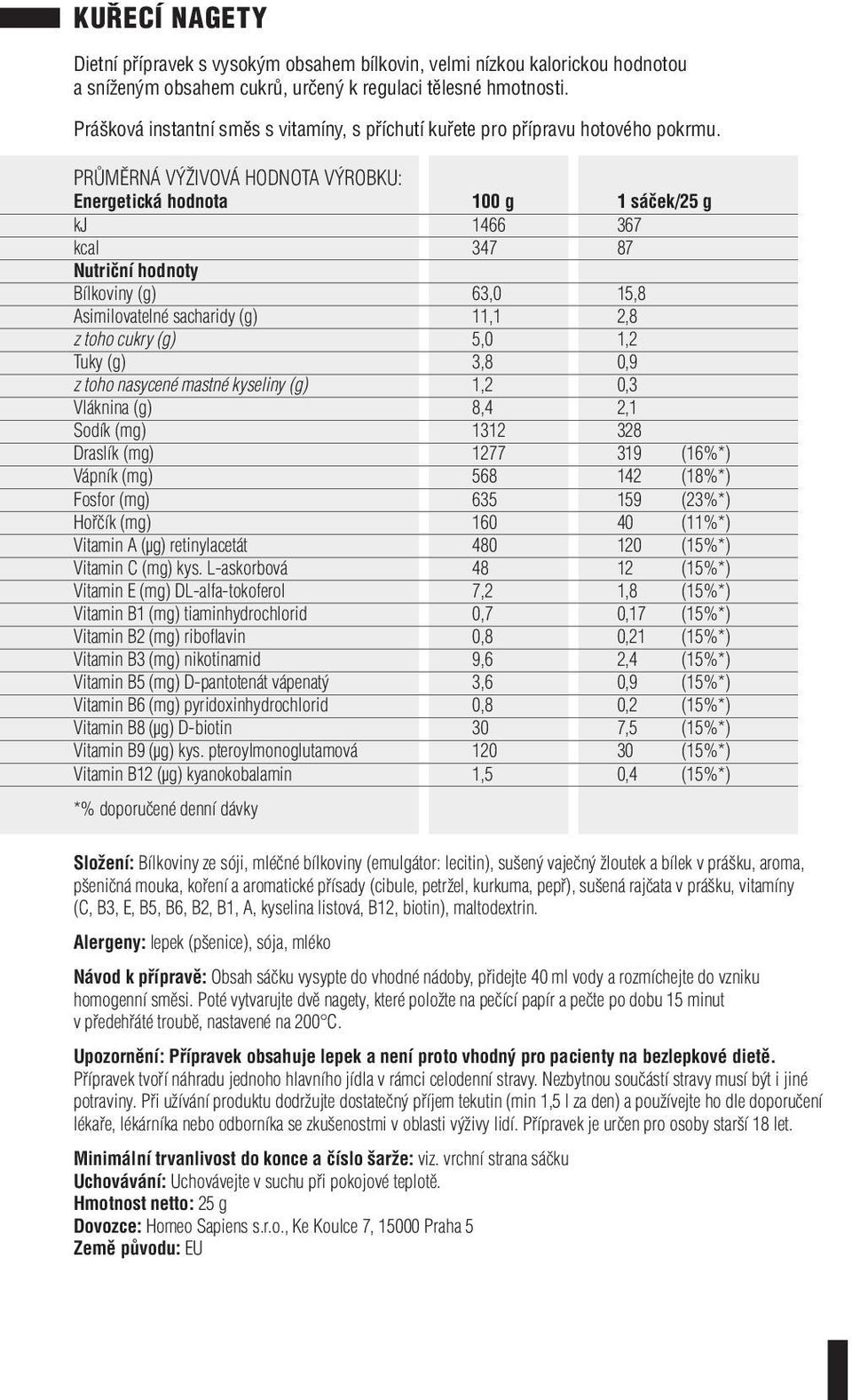 (mg) 1312 328 Draslík (mg) 1277 319 (16%*) Vápník (mg) 568 142 (18%*) Fosfor (mg) 635 159 (23%*) Hořčík (mg) 160 40 (11%*) Vitamin B6 (mg) pyridoxinhydrochlorid 0,8 0,2 (15%*) Složení: Bílkoviny ze