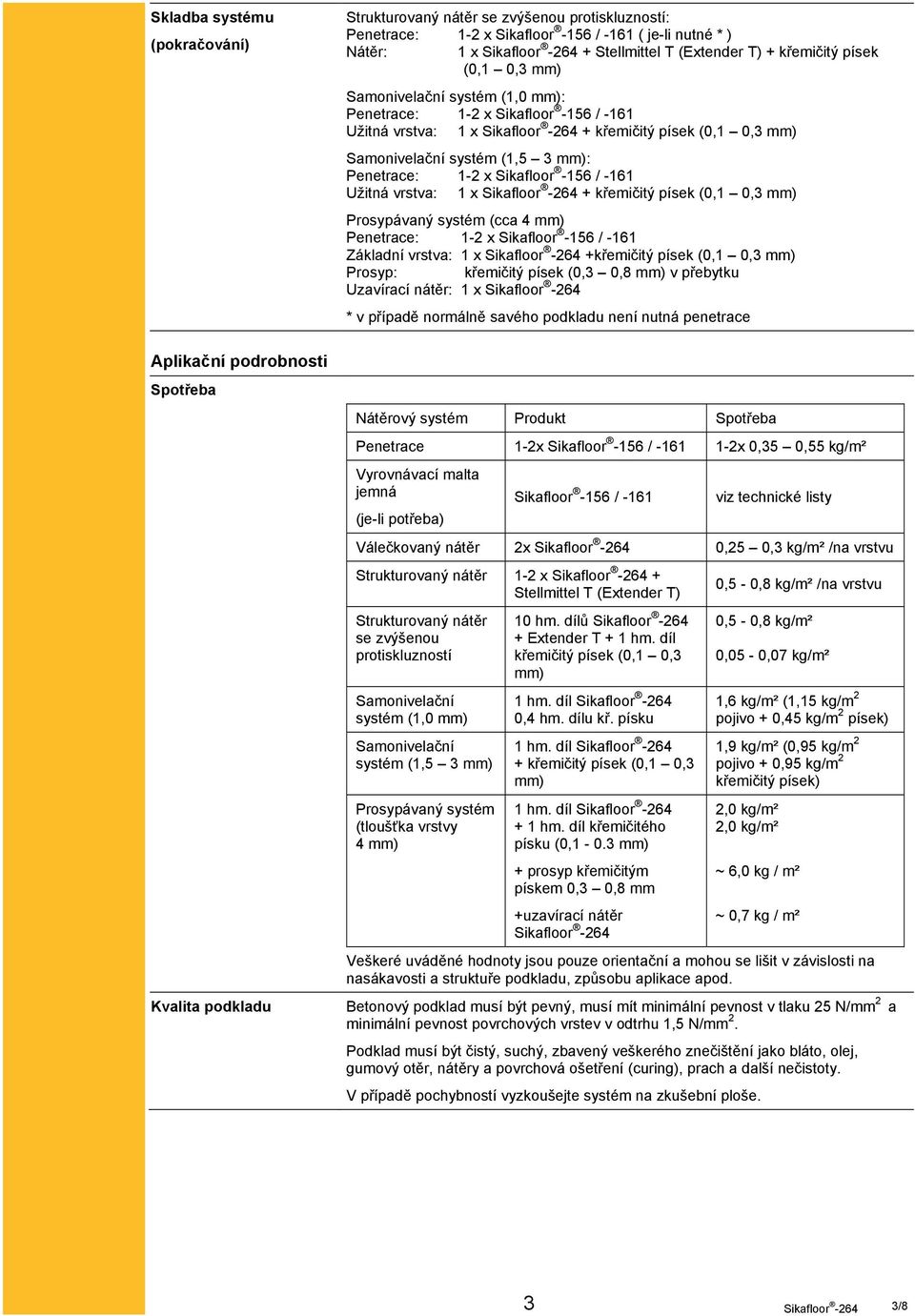 Užitná vrstva: 1 x + křemičitý písek (0,1 0,3 mm) Prosypávaný systém (cca 4 mm) Penetrace: 1-2 x Sikafloor -156 / -161 Základní vrstva: 1 x +křemičitý písek (0,1 0,3 mm) Prosyp: křemičitý písek (0,3