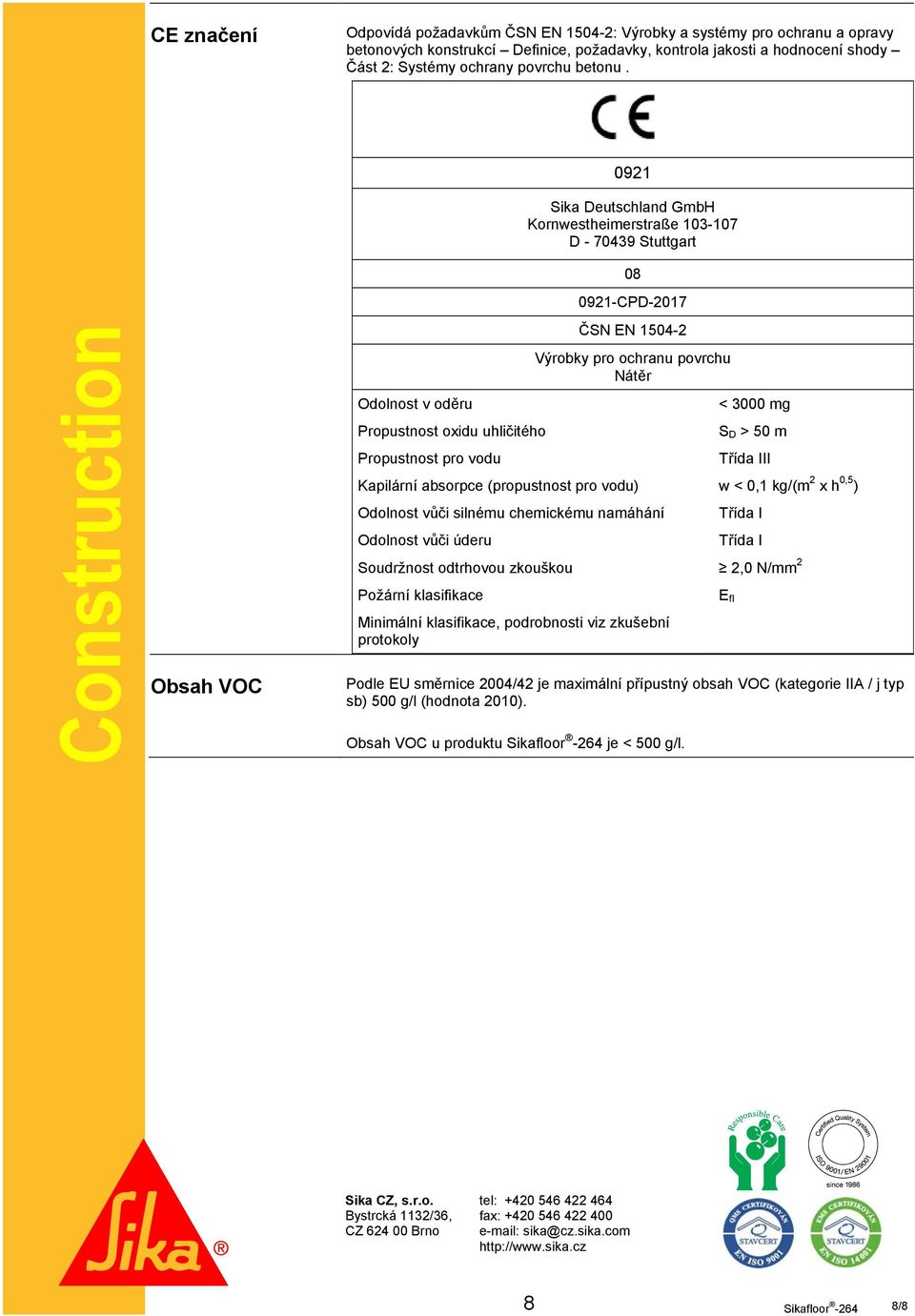 Construction Obsah VOC Odolnost v oděru Propustnost oxidu uhličitého Propustnost pro vodu 0921 Sika Deutschland GmbH Kornwestheimerstraße 103-107 D - 70439 Stuttgart 08 0921-CPD-2017 ČSN EN 1504-2