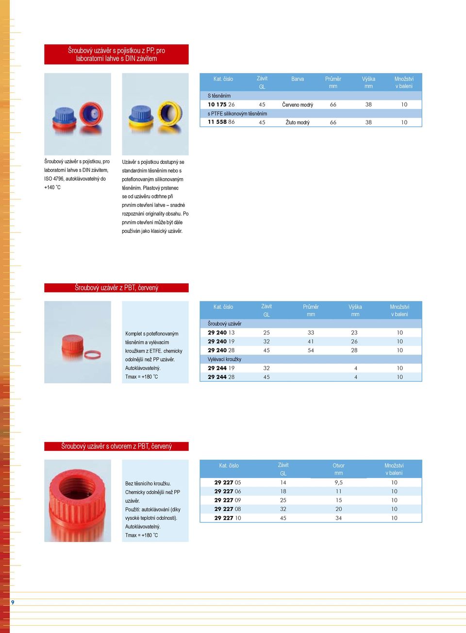 laboratorní lahve s DIN závitem, ISO 4796, autoklávovatelný do +140 C Uzávěr s pojistkou dostupný se standardním těsněním nebo s poteflonovaným silikonovaným těsněním.