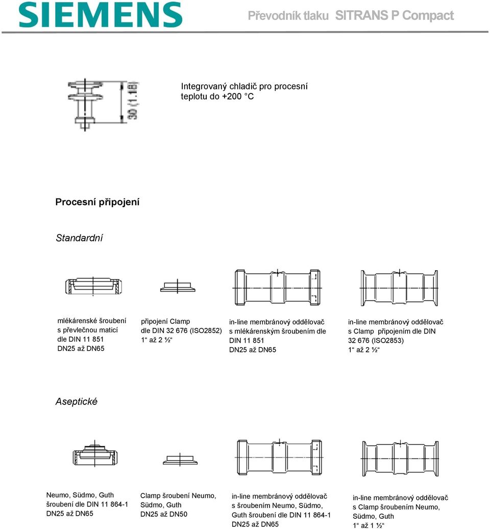 připojením dle DIN 32 676 (ISO2853) 1 až 2 ½ Aseptické Neumo, Südmo, Guth šroubení dle DIN 11 864-1 DN25 až DN65 Clamp šroubení Neumo, Südmo, Guth DN25 až DN50