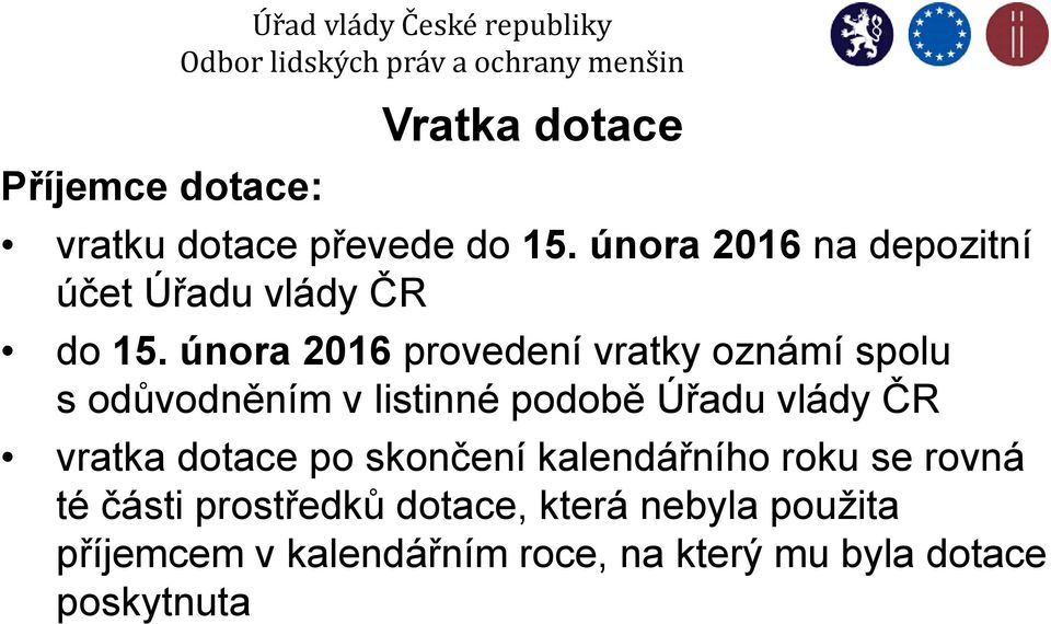 února 2016 provedení vratky oznámí spolu s odůvodněním v listinné podobě Úřadu vlády ČR vratka