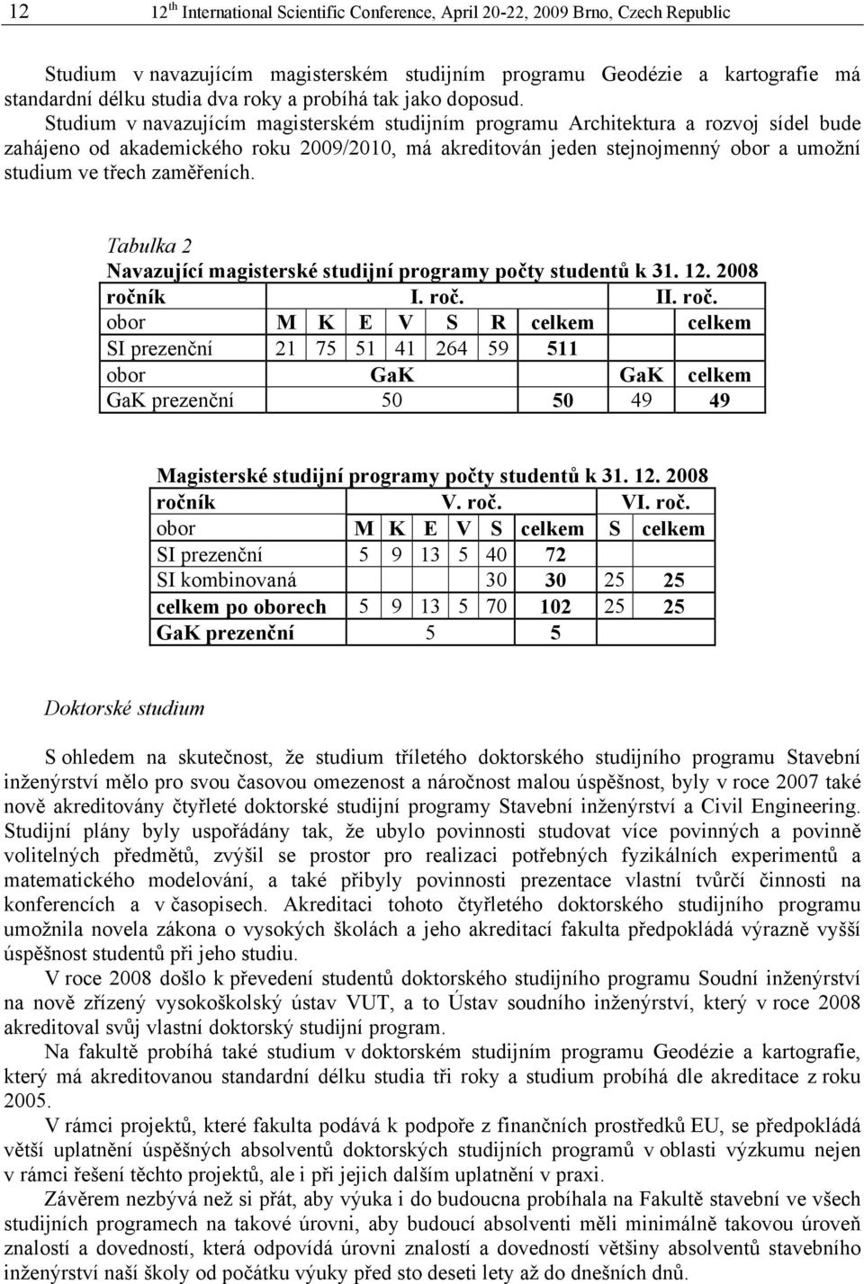 Studium v navazujícím magisterském studijním programu Architektura a rozvoj sídel bude zahájeno od akademického roku 2009/2010, má akreditován jeden stejnojmenný obor a umožní studium ve třech