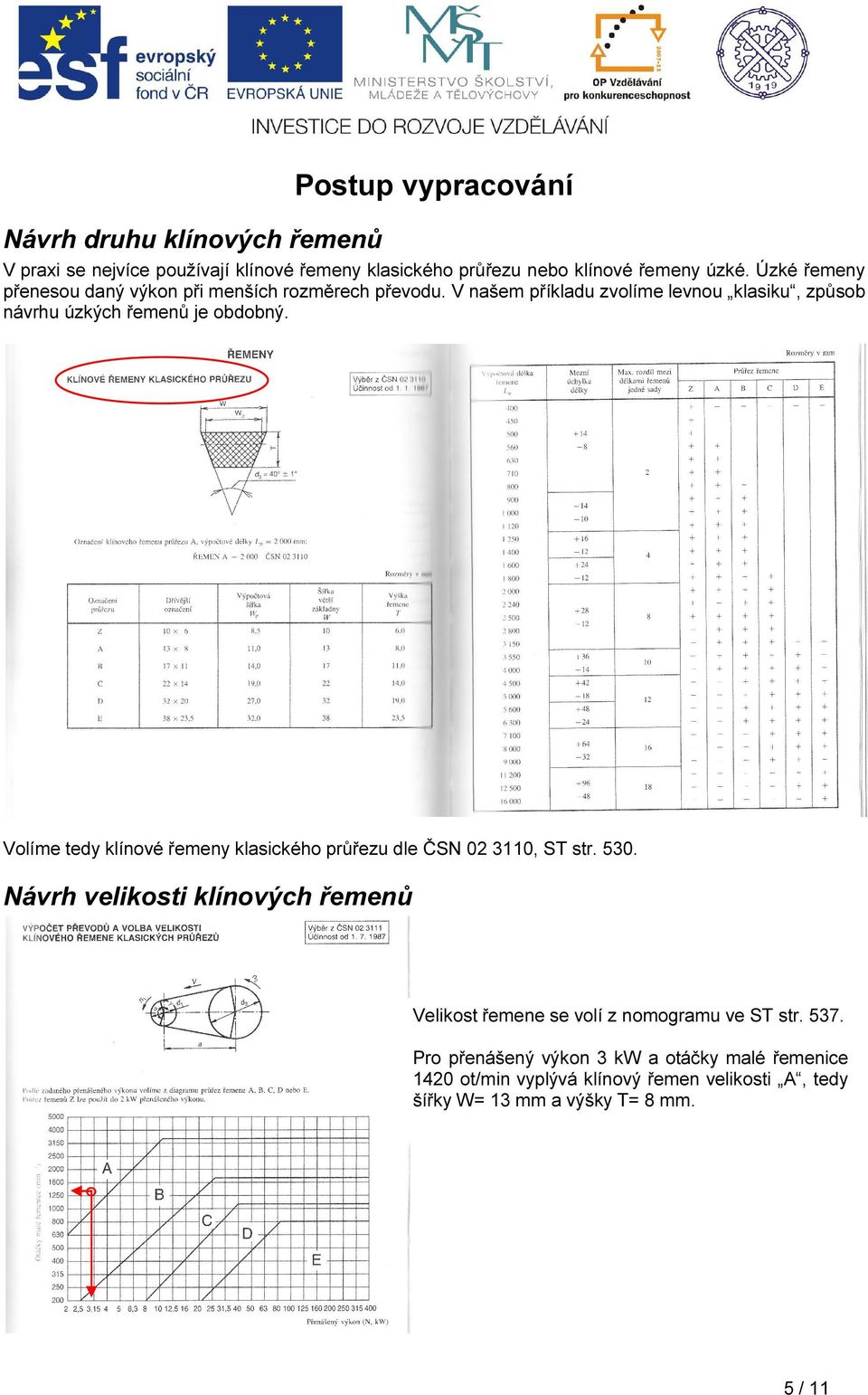 Volíme tedy klínové řemeny klasického průřezu dle ČSN 02 3110, ST str. 530.