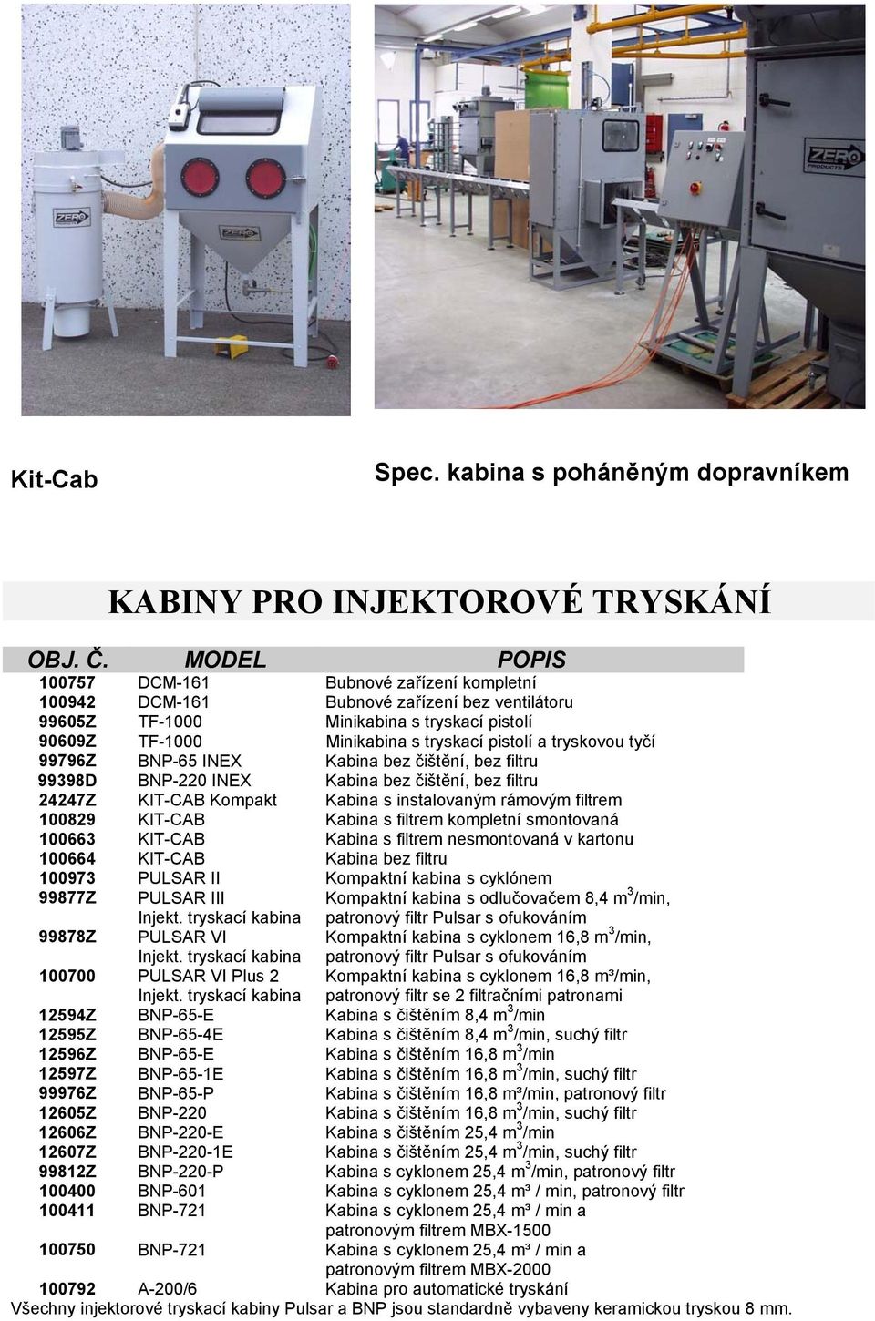 tryskovou tyčí 99796Z BNP-65 INEX Kabina bez čištění, bez filtru 99398D BNP-220 INEX Kabina bez čištění, bez filtru 24247Z KIT-CAB Kompakt Kabina s instalovaným rámovým filtrem 100829 KIT-CAB Kabina