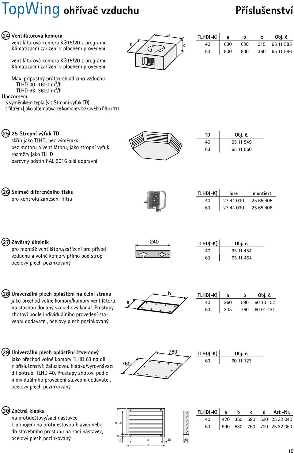 přípustný průtok chladícího vzduchu: TLHD 40: 1600 m 3 /h TLHD 63: 3600 m 3 /h Upozornění: s výměníkem tepla (viz Stropní výfuk TD) s filtrem (jako alternativa ke komoře vložkového filtru 11) 25 25