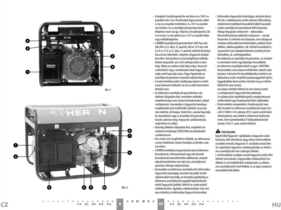 A HERON áramfejlesztő generátorokat 230V-hoz való 3db 20A-es (2. ábra, 12. pozíció), illetve 12 V-hoz való 8,3 A-es 12 A-es (2. ábra, 11.