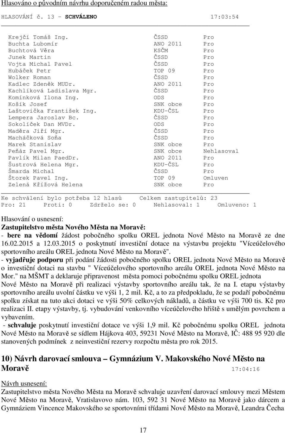 dne 16.02.2015 a 12.03.2015 o poskytnutí investiční dotace na výstavbu projektu "Víceúčelového sportovního areálu OREL jednota Nové Město na Moravě".