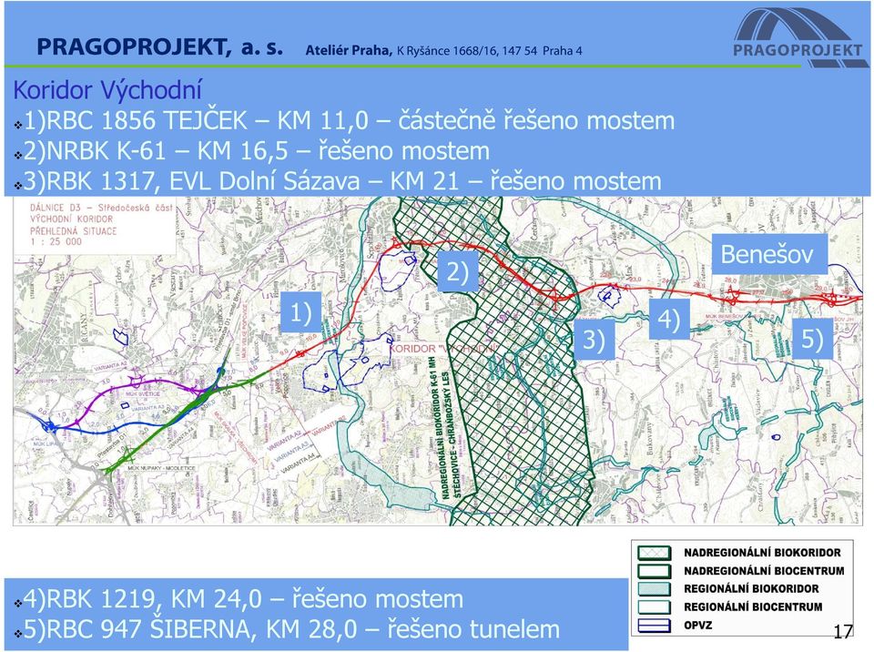 Sázava KM 21 řešeno mostem 2) 1) 4) 3) Benešov 5) 4)RBK 1219,