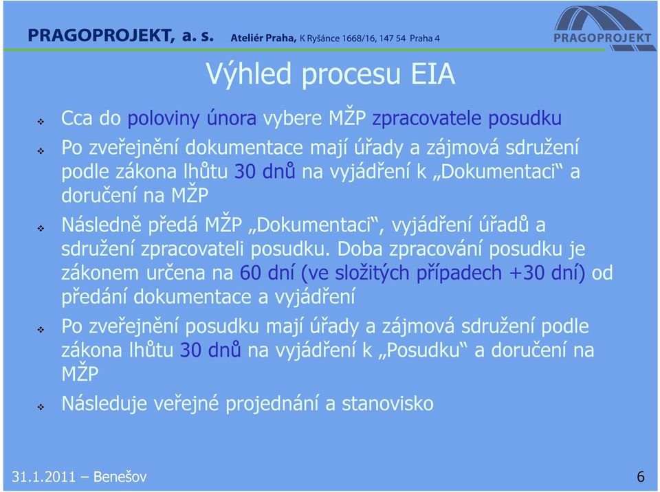 Doba zpracování posudku je zákonem určena na 60 dní (ve složitých případech +30 dní) od předání dokumentace a vyjádření Po zveřejnění posudku