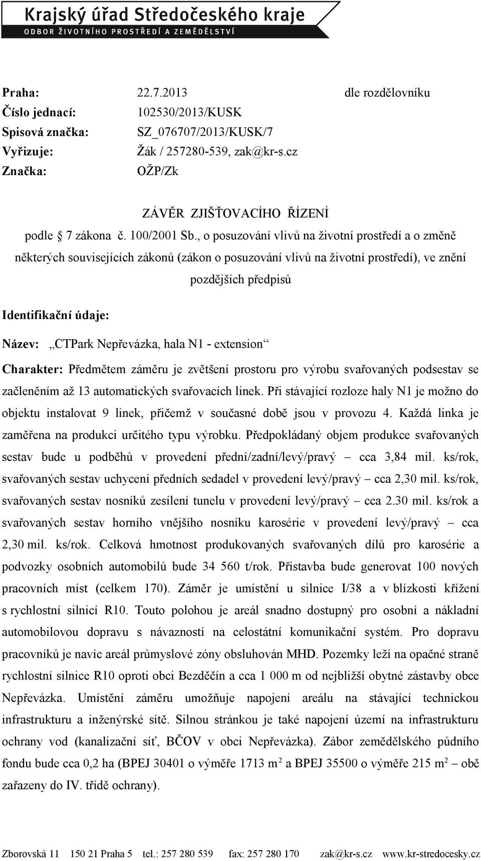 , o posuzování vlivů na životní prostředí a o změně některých souvisejících zákonů (zákon o posuzování vlivů na životní prostředí), ve znění pozdějších předpisů Identifikační údaje: Název: CTPark