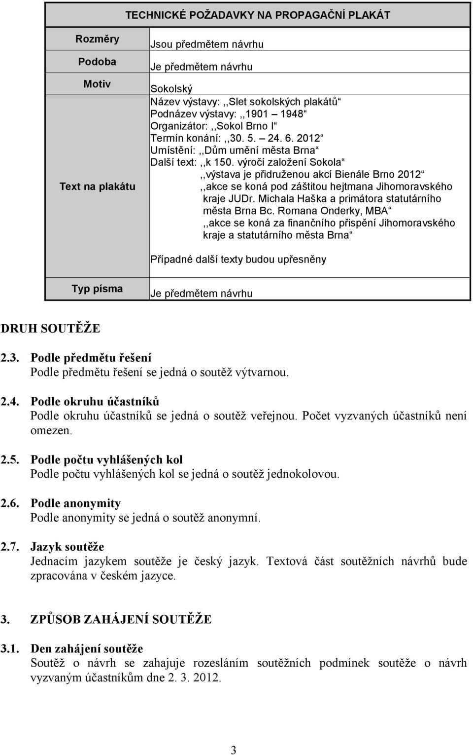výročí založení Sokola,,výstava je přidruženou akcí Bienále Brno 2012,,akce se koná pod záštitou hejtmana Jihomoravského kraje JUDr. Michala Haška a primátora statutárního města Brna Bc.