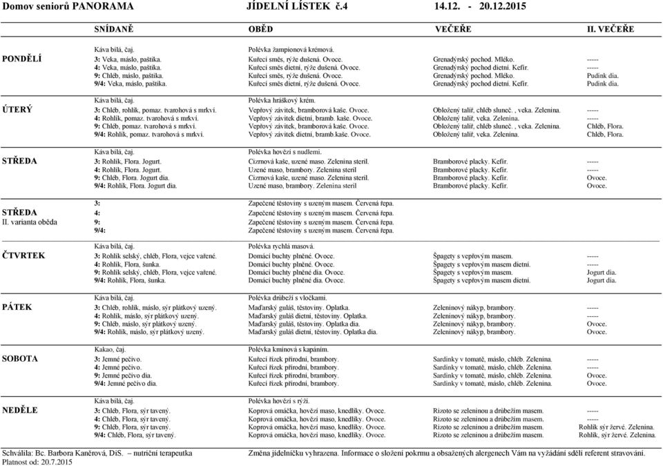 Pudink dia. 9/4: Veka, máslo, paštika. Kuřecí směs dietní, rýže dušená. Ovoce. Grenadýrský pochod dietní. Kefír. Pudink dia. Polévka hráškový krém. ÚTERÝ 3: Chléb, rohlík, pomaz. tvarohová s mrkví.