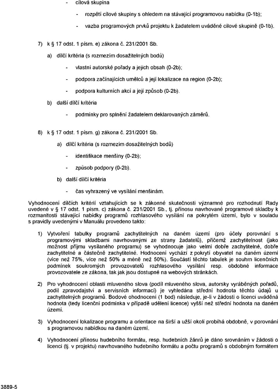 a) dílčí kritéria (s rozmezím dosažitelných bodů) vlastní autorské pořady a jejich obsah (0-2b); podpora začínajících umělců a její lokalizace na region (0-2b); podpora kulturních akcí a její způsob