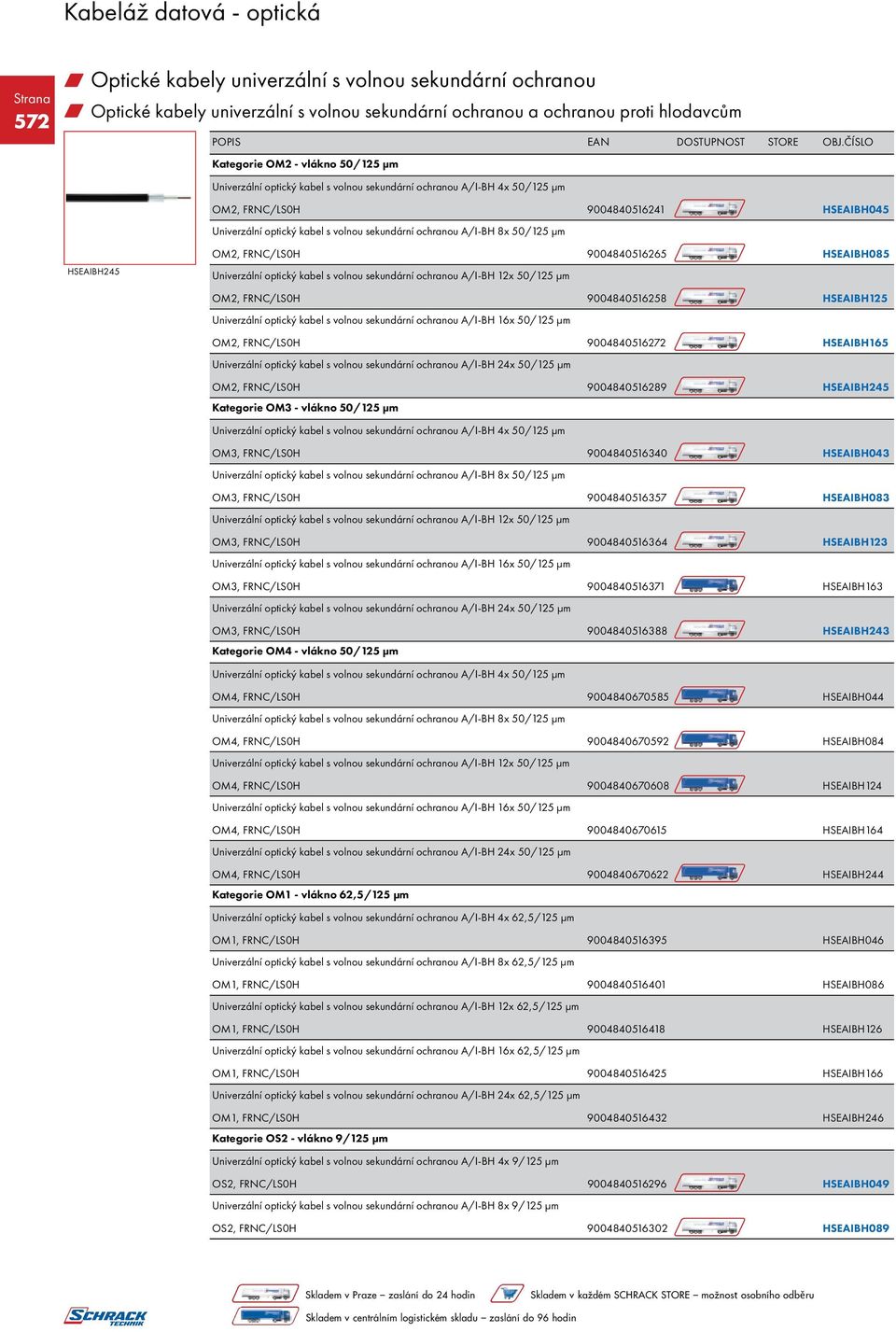 9004840516265 HSEAIBH085 Univerzální optický kabel s volnou sekundární ochranou A/I-BH 12x 50/125 μm OM2, FRNC/LS0H 9004840516258 HSEAIBH125 Univerzální optický kabel s volnou sekundární ochranou