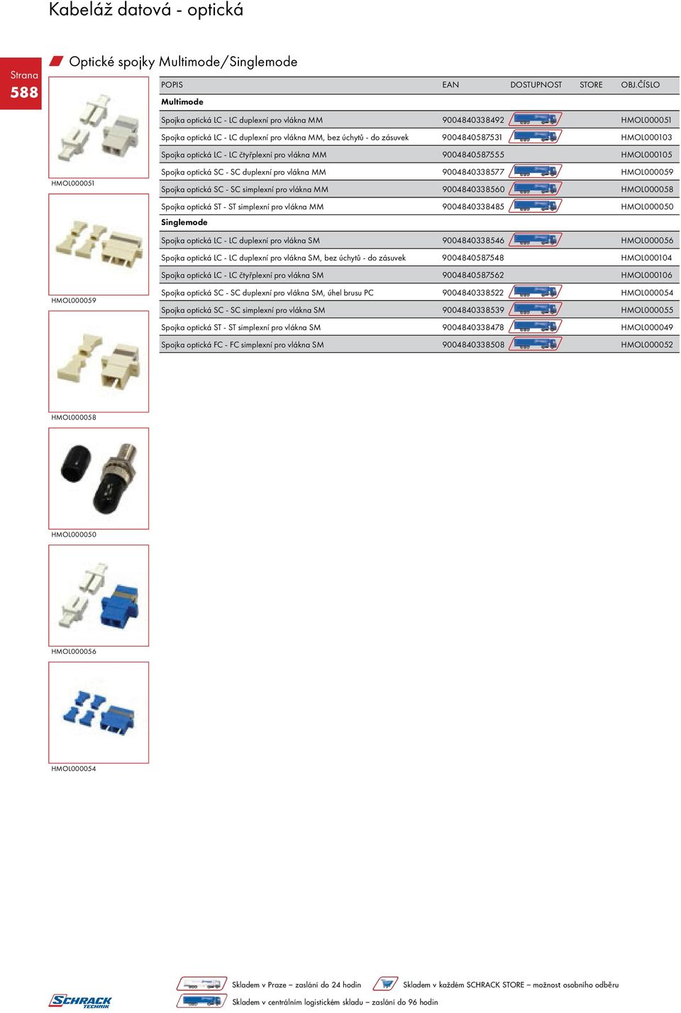 SC simplexní pro vlákna MM 9004840338560 HMOL000058 Spojka optická ST - ST simplexní pro vlákna MM 9004840338485 HMOL000050 Singlemode Spojka optická LC - LC duplexní pro vlákna SM 9004840338546