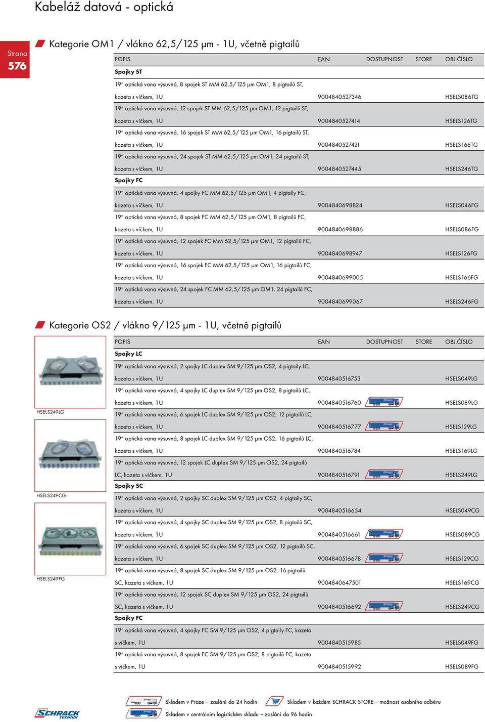 víčkem, 1U 9004840527421 HSELS166TG 19 optická vana výsuvná, 24 spojek ST MM 62,5/125 μm OM1, 24 pigtailů ST, kazeta s víčkem, 1U 9004840527445 HSELS246TG Spojky FC 19 optická vana výsuvná, 4 spojky