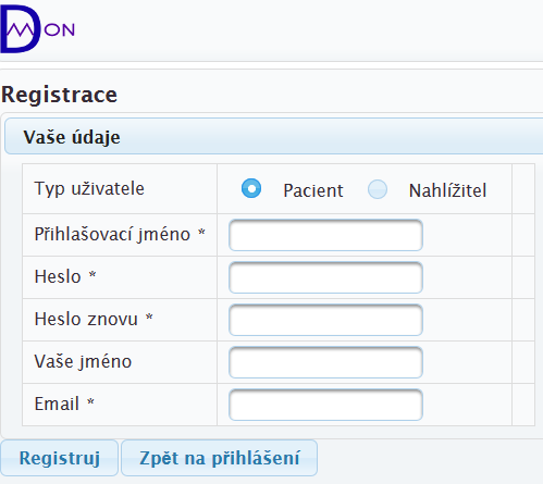 2. Vytvoření účtu Vyplňte registrační údaje pacienta - budete si vést deníček o Vašem DM nahlížitele - např.