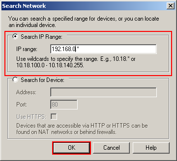 Obr. 13 - ACM tlačítko Search V zobrazeném dialogovém okně zadáme jako IP range hodnotu Rozsah_IP (DODATEK E Konfigurační parametry, IP Adresy) a stiskneme tlačítko OK. Obr.